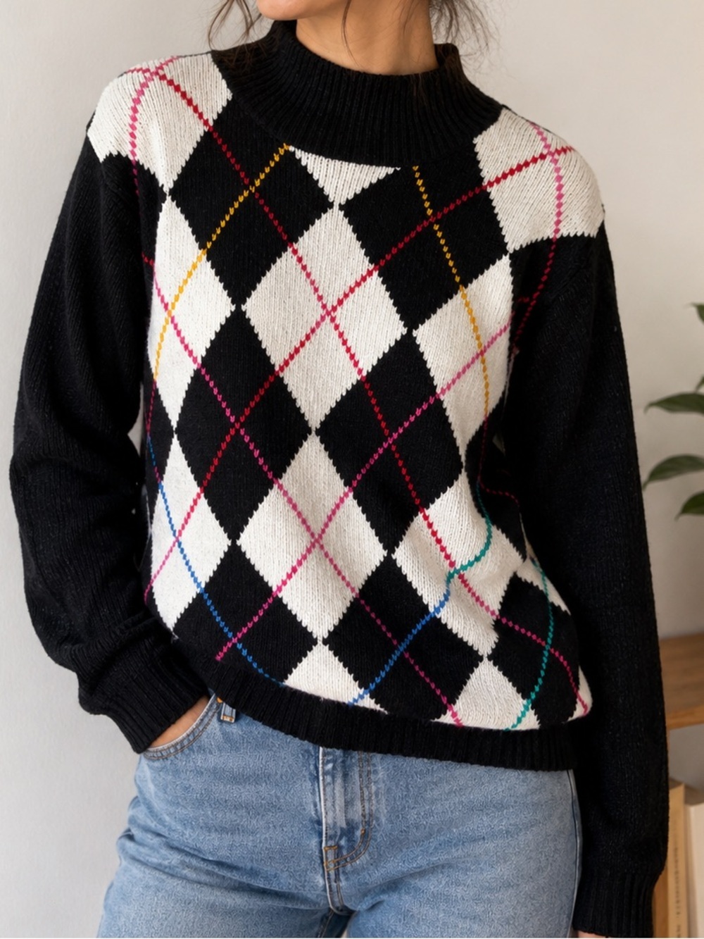 Vintage Paris Sport Club Argyle Mock Neck Sweater Black White Multicolor Size M